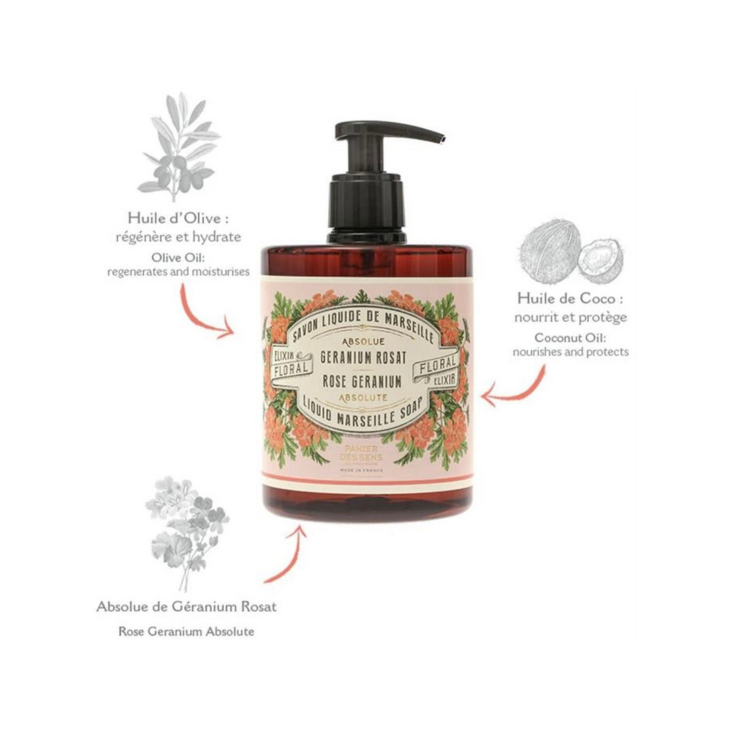 Lyxig handtvål Ros Marseille Soap Rose Gerannium, Panier Des Sens 500ml
